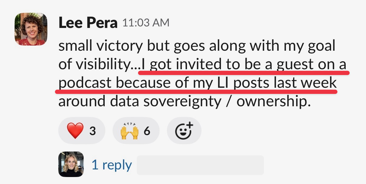 Lee Pera: invited to guest on a podcast because of her LinkedIn posts
