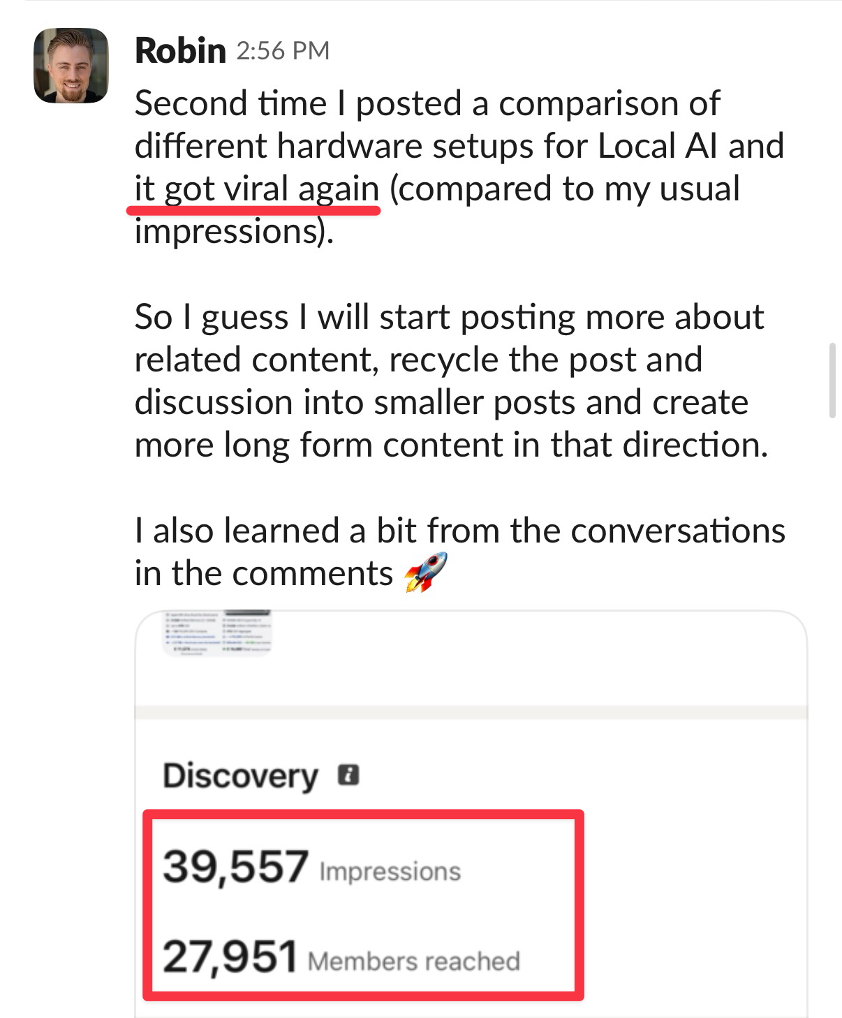 Robin: 39,557 impressions, 27,951 members reached